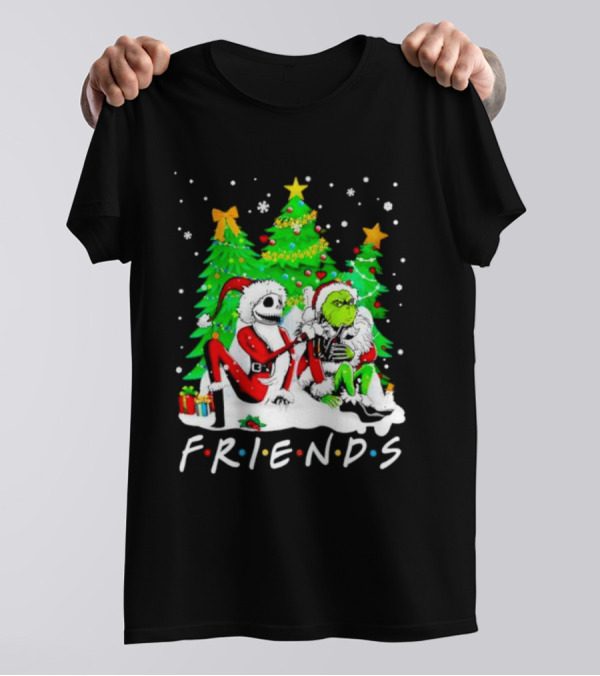 Friends Jack Skellington And Grinch Christmas Scene With Santa Outfits And Christmas Trees T-Shirt
