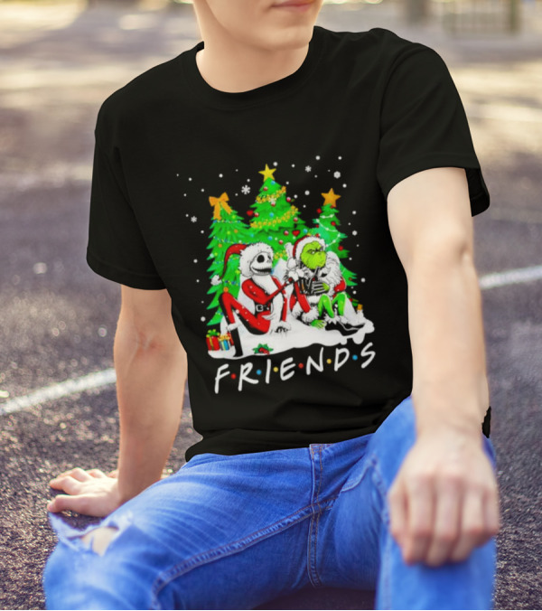 Friends Jack Skellington And Grinch Christmas Scene With Santa Outfits And Christmas Trees T-Shirt