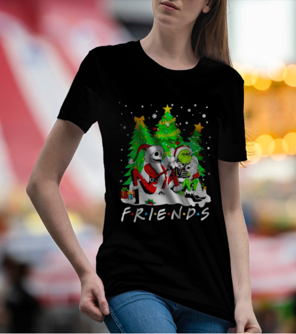 Friends Jack Skellington And Grinch Christmas Scene With Santa Outfits And Christmas Trees T-Shirt