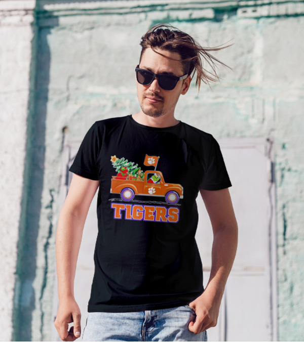 Grinch Driving Orange Christmas Truck With Clemson Tigers Flag And Tree T-Shirt