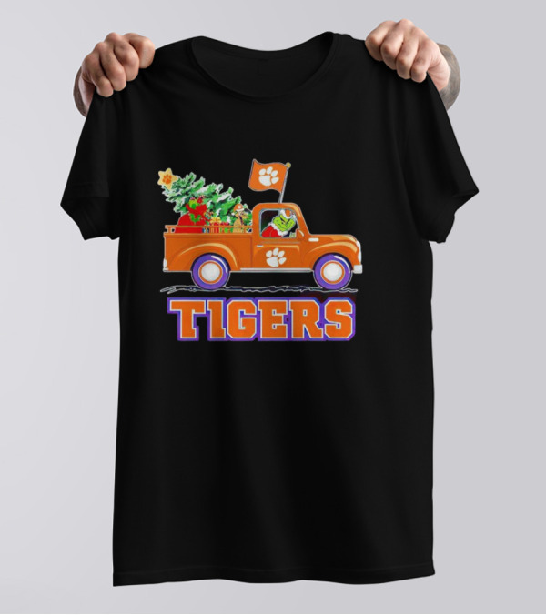 Grinch Driving Orange Christmas Truck With Clemson Tigers Flag And Tree T-Shirt