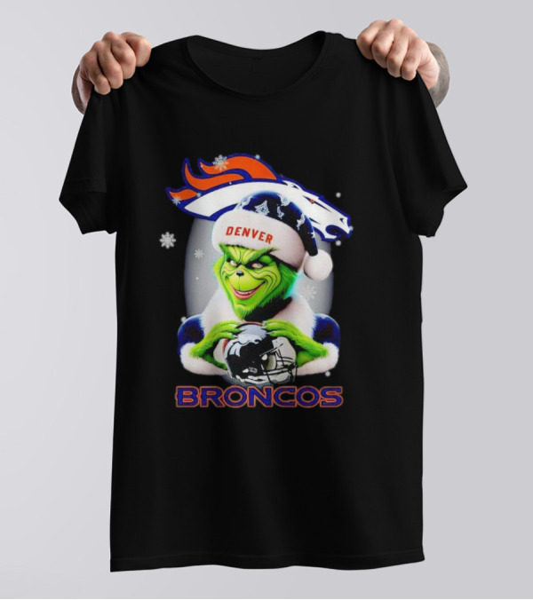Denver Broncos Christmas Grinch Holding Football Helmet T-Shirt