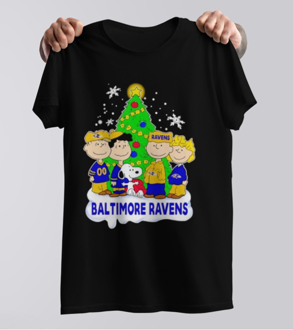 Baltimore Ravens Christmas Tree With Peanuts Characters T-Shirt