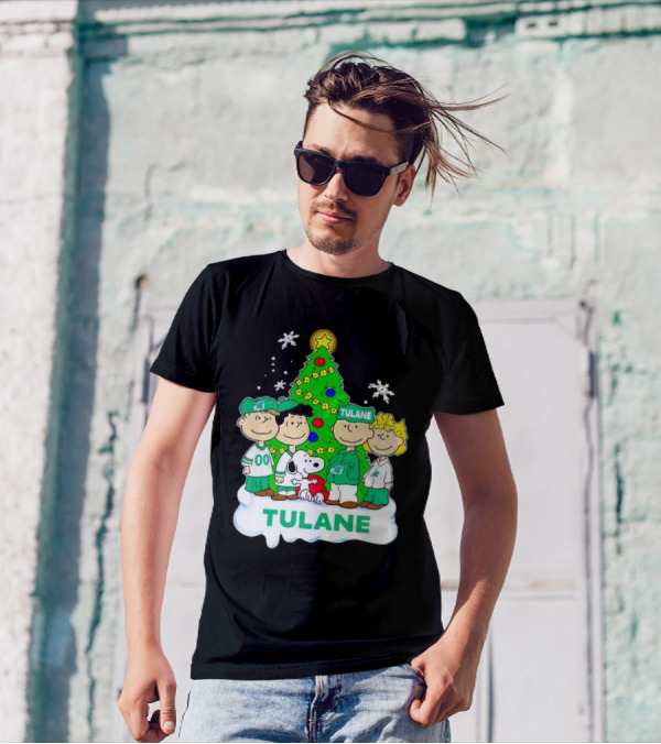 Peanuts Characters Tulane Green Wave Christmas Tree Snoopy Snowflakes T-Shirt