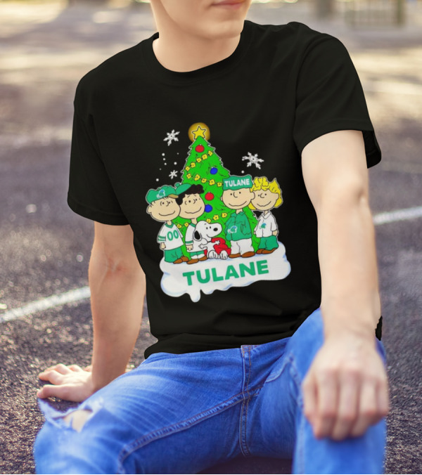 Peanuts Characters Tulane Green Wave Christmas Tree Snoopy Snowflakes T-Shirt
