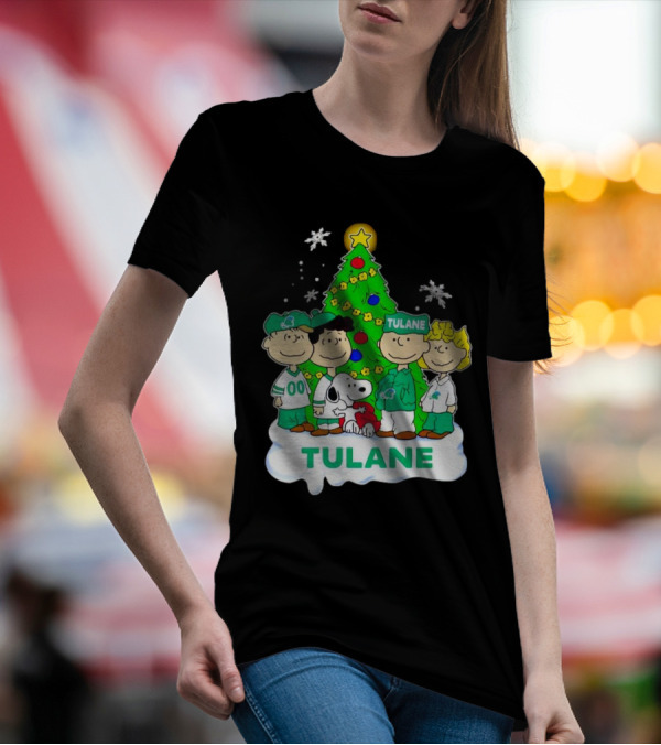 Peanuts Characters Tulane Green Wave Christmas Tree Snoopy Snowflakes T-Shirt
