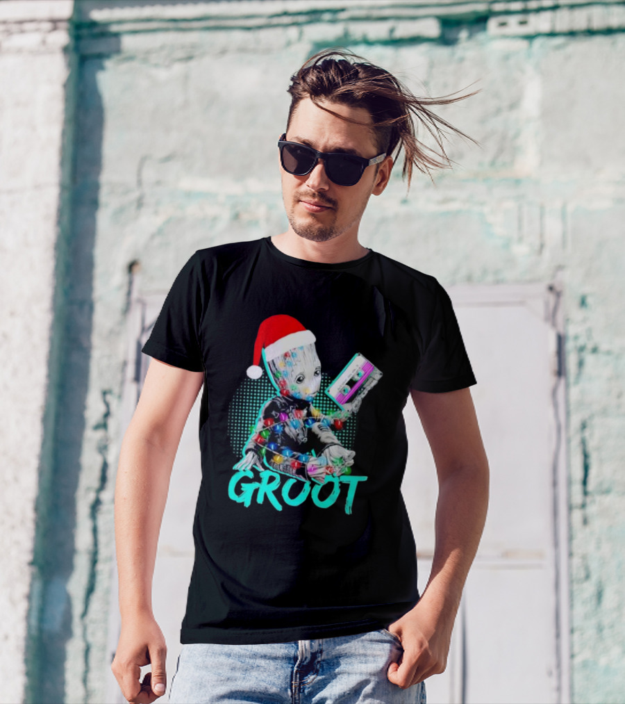 Santa Baby Groot With Cassette Tape And Holiday Lights T-Shirt