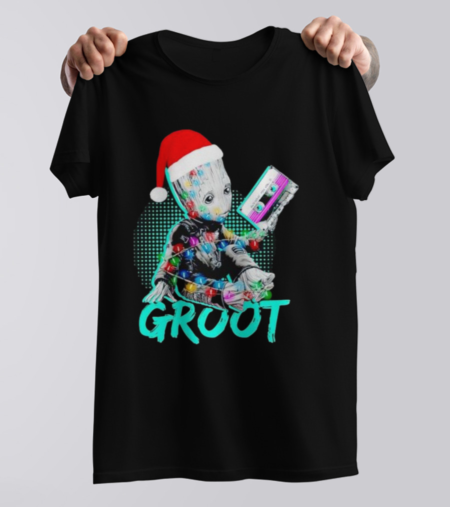 Santa Baby Groot With Cassette Tape And Holiday Lights T-Shirt