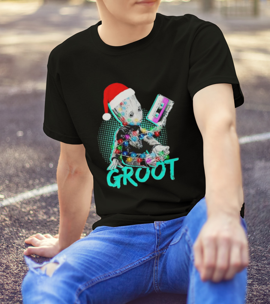 Santa Baby Groot With Cassette Tape And Holiday Lights T-Shirt