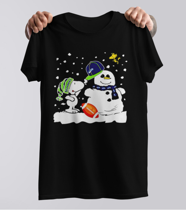 Seattle Seahawks Snoopy Snowman Hat Winter Football Scene T-Shirt