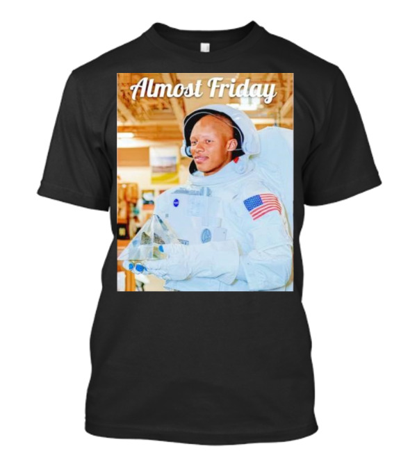 Almost Friday Astronaut Holding Crystal Model In NASA Spacesuit With American Flag Patch T-Shirt