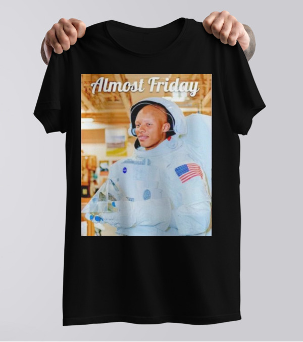 Almost Friday Astronaut Holding Crystal Model In NASA Spacesuit With American Flag Patch T-Shirt
