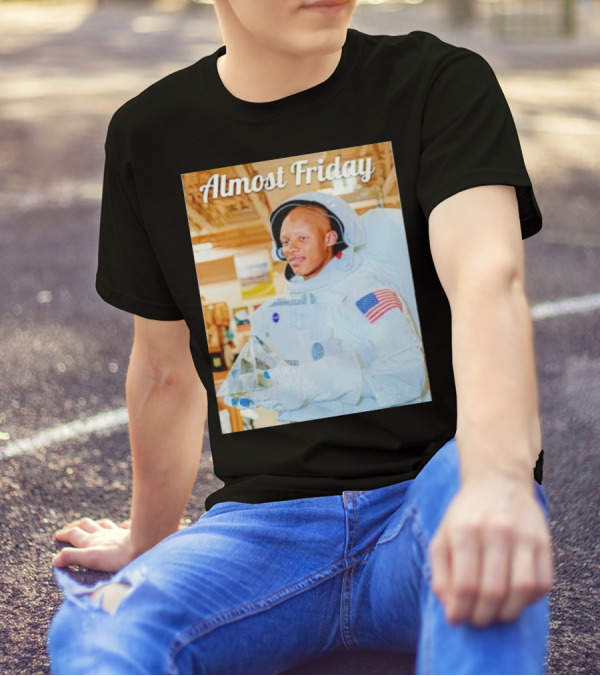 Almost Friday Astronaut Holding Crystal Model In NASA Spacesuit With American Flag Patch T-Shirt