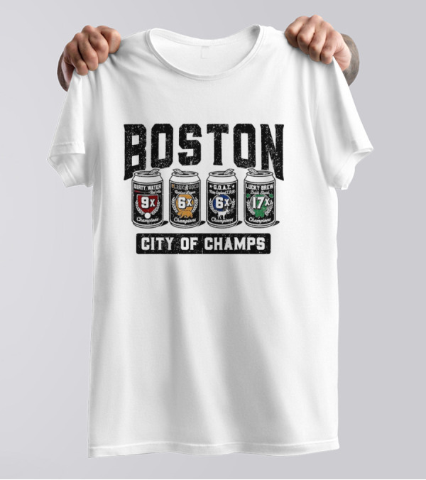 Boston City Of Champs Dirty Water Run And Gold G.O.A.T. Lucky Brew Champions 4-Pack T-Shirt