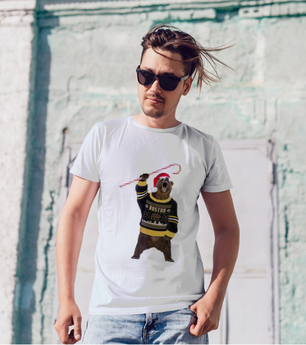 Boston Bear Christmas Holiday Sweater Santa Hat Candy Cane T-Shirt