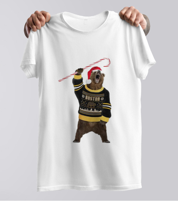 Boston Bear Christmas Holiday Sweater Santa Hat Candy Cane T-Shirt