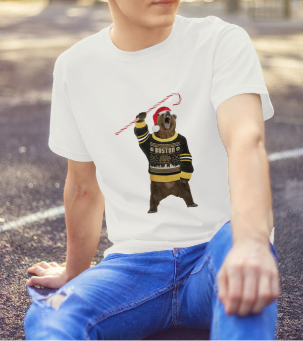 Boston Bear Christmas Holiday Sweater Santa Hat Candy Cane T-Shirt