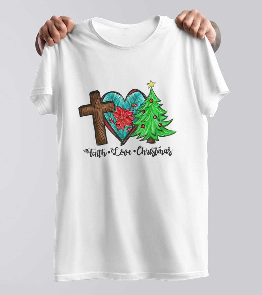 Faith Love Christmas Cross Poinsettia Tree T-Shirt