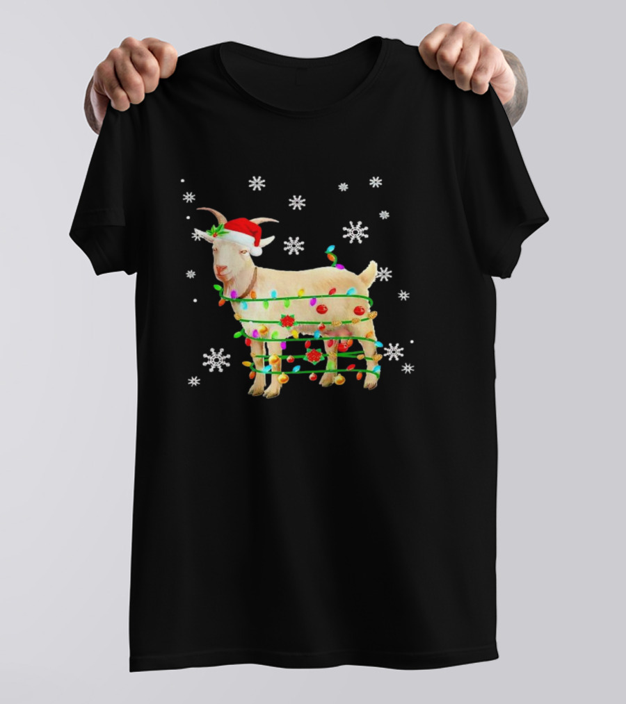 Goat Wrapped In Christmas Lights With Santa Hat And Snowflakes T-Shirt