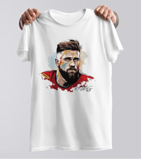 Travis Kelce Signed Portrait Artwork In Red Jersey T-Shirt