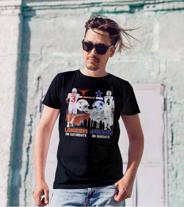 Ewers Longhorns On Saturdays Prescott Cowboys On Sundays Football Helms And Skyline T-Shirt