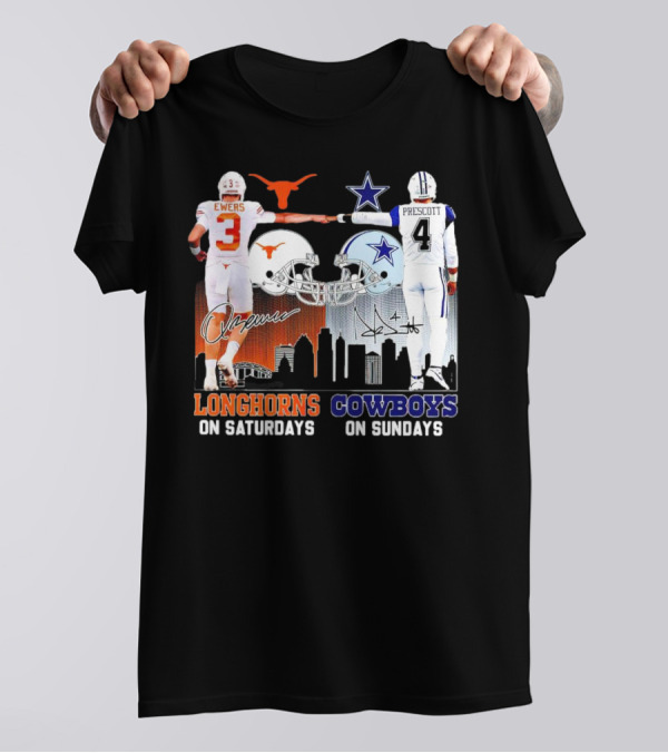 Ewers Longhorns On Saturdays Prescott Cowboys On Sundays Football Helms And Skyline T-Shirt