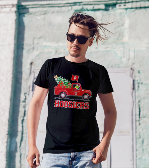 Grinch Driving Indiana Hoosiers Christmas Truck With Holiday Tree T-Shirt
