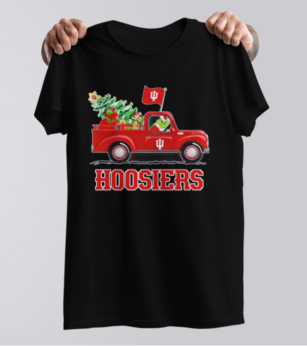 Grinch Driving Indiana Hoosiers Christmas Truck With Holiday Tree T-Shirt