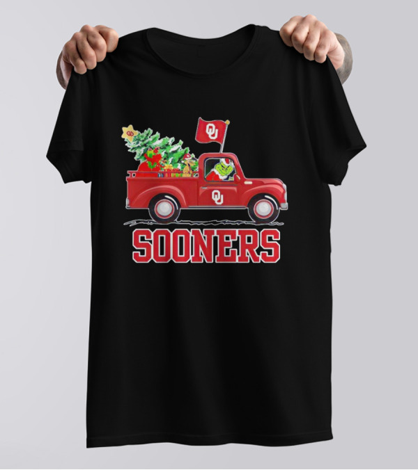 Grinch Driving Red Truck With Christmas Tree Oklahoma Sooners T-Shirt