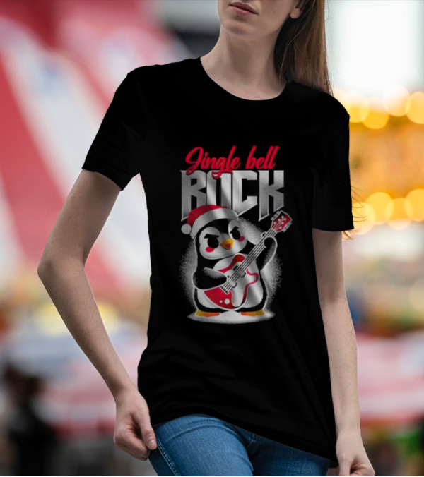 Jingle Bell Rock Penguin Playing Christmas Guitar In Santa Hat T-Shirt