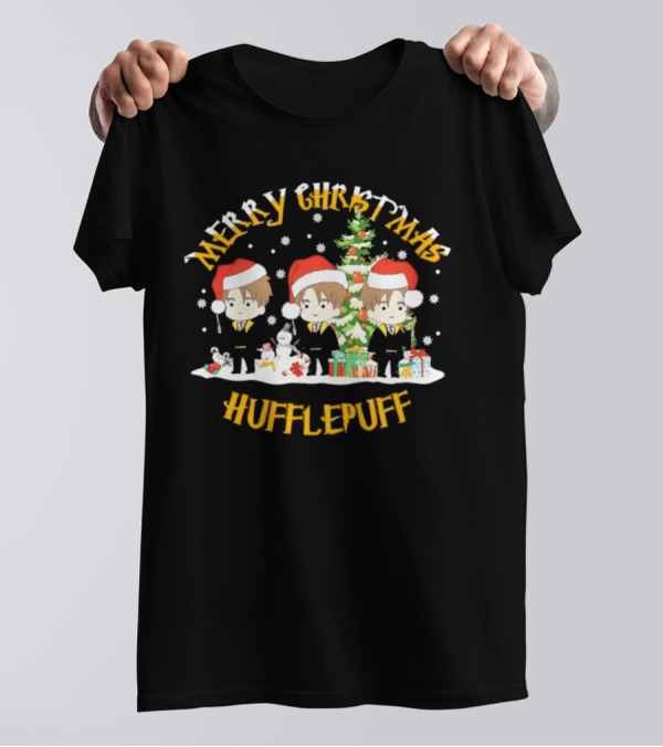 Merry Christmas Hufflepuff Characters With Santa Hats And Christmas Tree T-Shirt