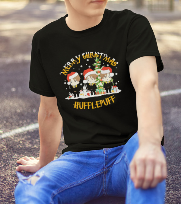Merry Christmas Hufflepuff Characters With Santa Hats And Christmas Tree T-Shirt