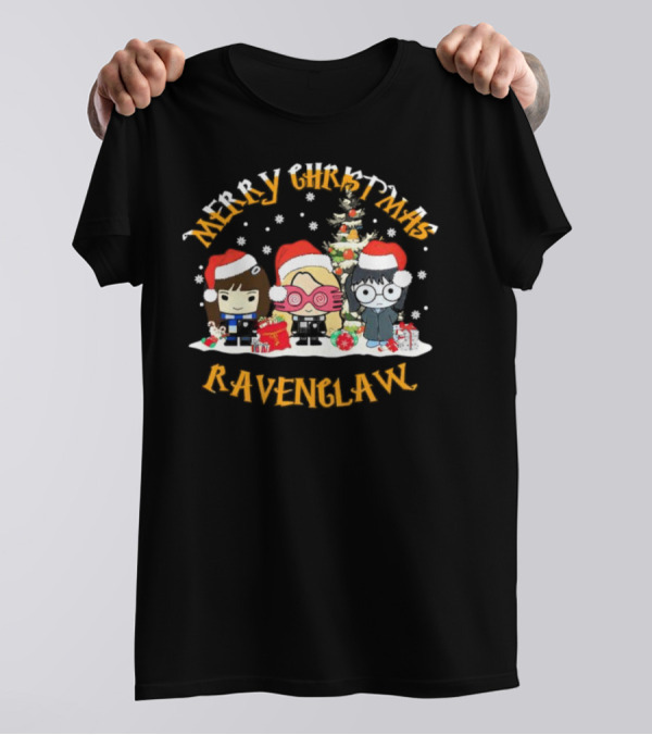 Merry Christmas Ravenclaw Characters With Santa Hats And Christmas Tree T-Shirt
