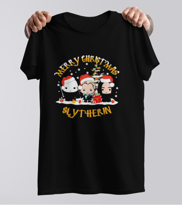 Merry Christmas Slytherin Characters With Holiday Tree And Santa Hats T-Shirt