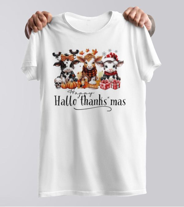 Happy HalloThanksMas Baby Cows With Pumpkins And Gifts T-Shirt