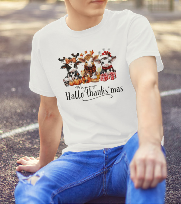 Happy HalloThanksMas Baby Cows With Pumpkins And Gifts T-Shirt