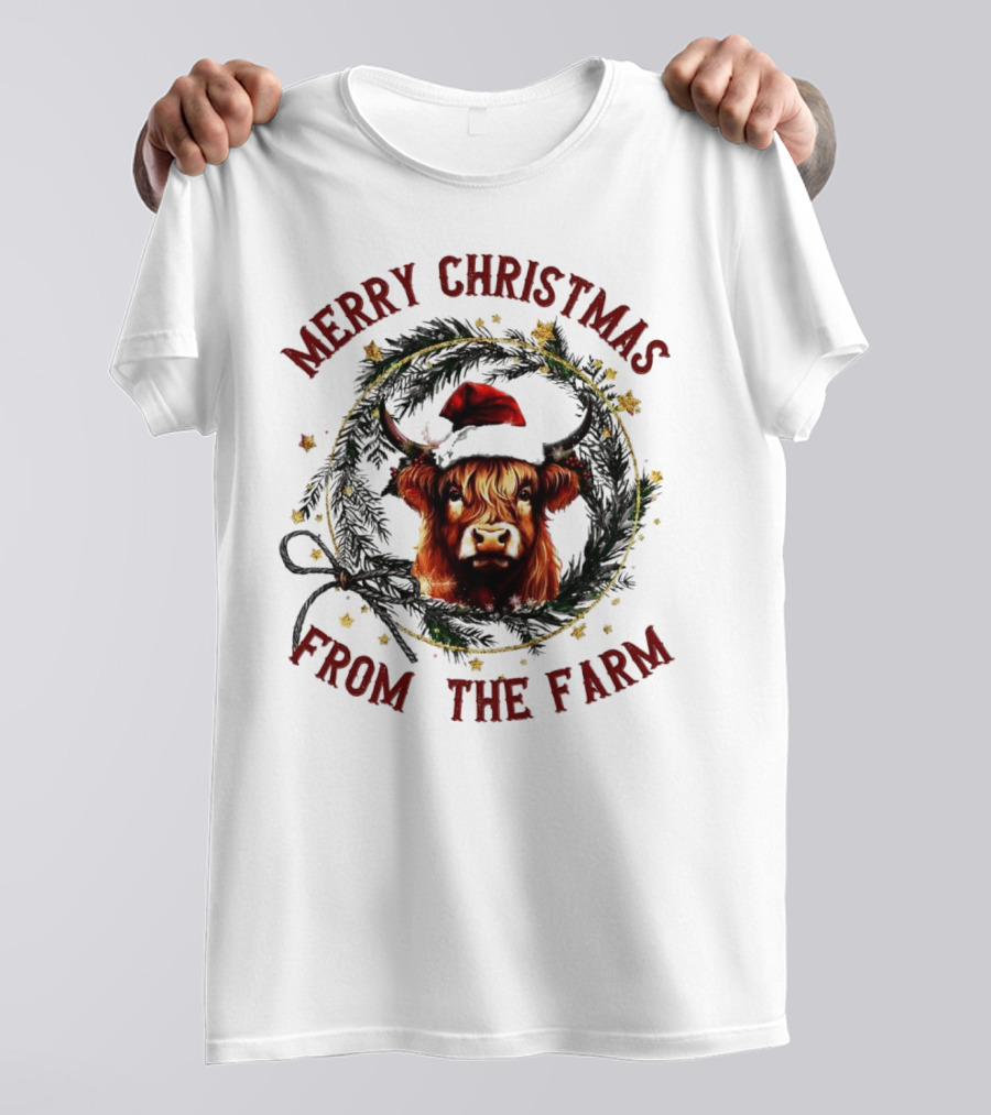 Merry Christmas From The Farm Cow Highland Christmas Wreath T-Shirt
