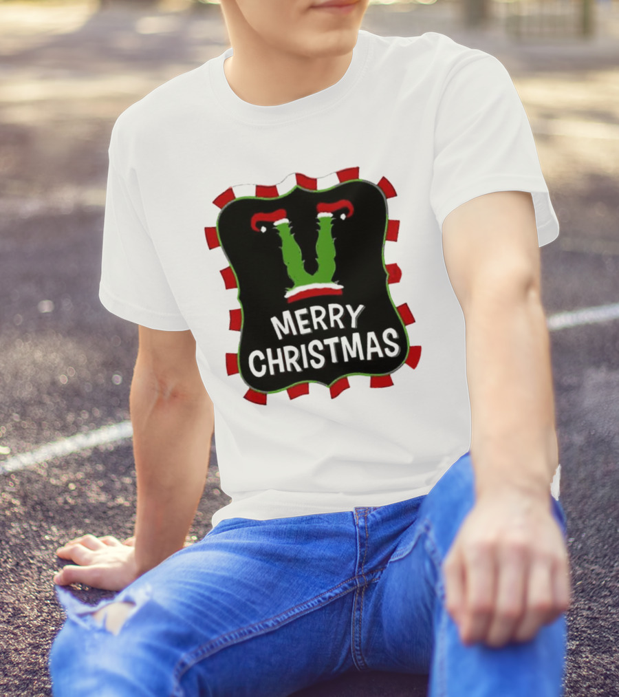 Merry Christmas Green Monster With Santa Hat T-Shirt