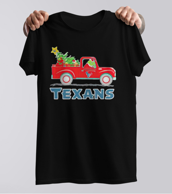 Grinch Driving Red Christmas Truck With Houston Texans T-Shirt