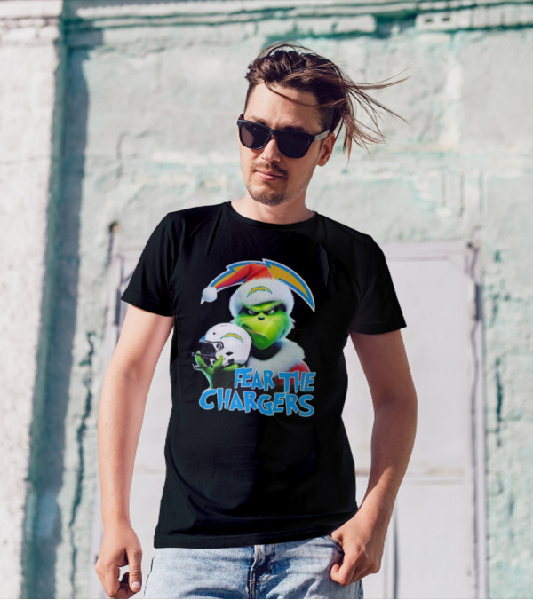 Grinch Santa Holding Los Angeles Chargers Helmet Fear The Chargers T-Shirt