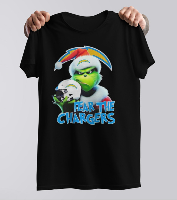 Grinch Santa Holding Los Angeles Chargers Helmet Fear The Chargers T-Shirt