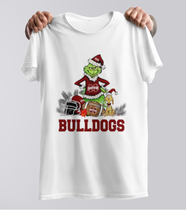 Bulldogs Grinch Max Dog Christmas Football Santa Hat T-Shirt