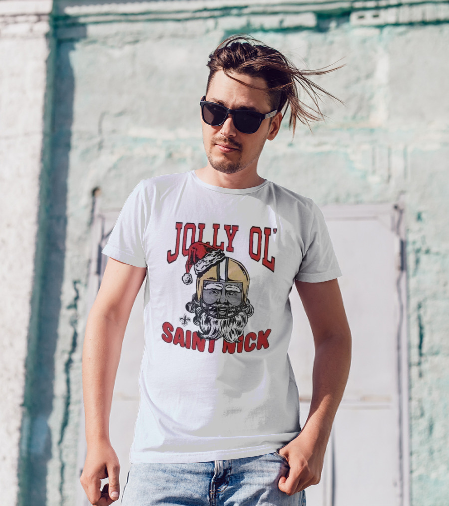 New Orleans Saints Jolly Ol’ Saint Nick With Santa Hat And Fleur-de-Lis Football Helmet Christmas T-Shirt
