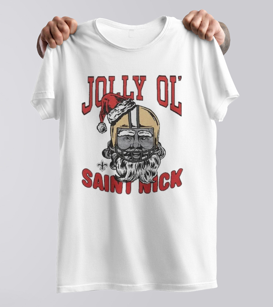 New Orleans Saints Jolly Ol’ Saint Nick With Santa Hat And Fleur-de-Lis Football Helmet Christmas T-Shirt
