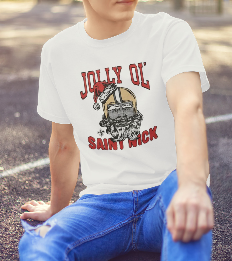 New Orleans Saints Jolly Ol’ Saint Nick With Santa Hat And Fleur-de-Lis Football Helmet Christmas T-Shirt