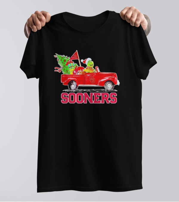 Sooners Grinch Driving Red Truck With Christmas Tree And Gifts T-Shirt