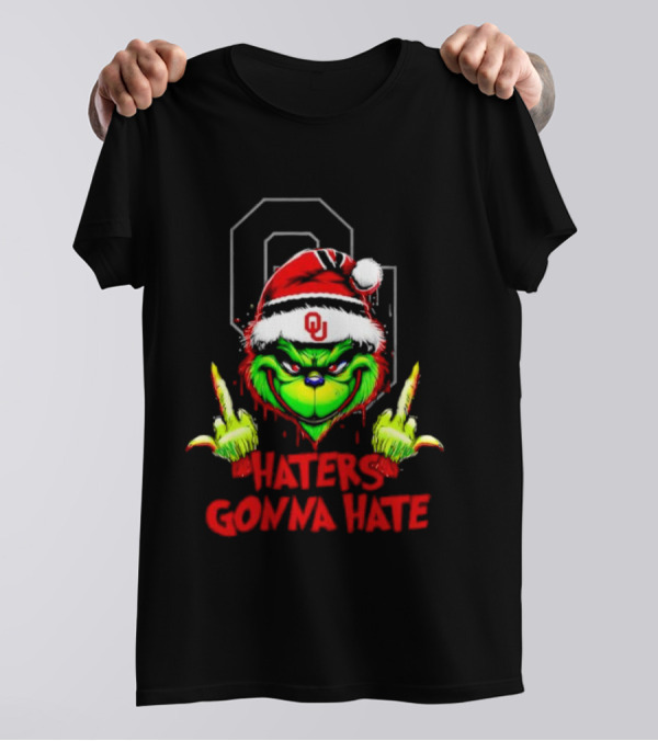 Oklahoma Sooners Grinch Haters Gonna Hate Middle Finger Santa Hat T-Shirt