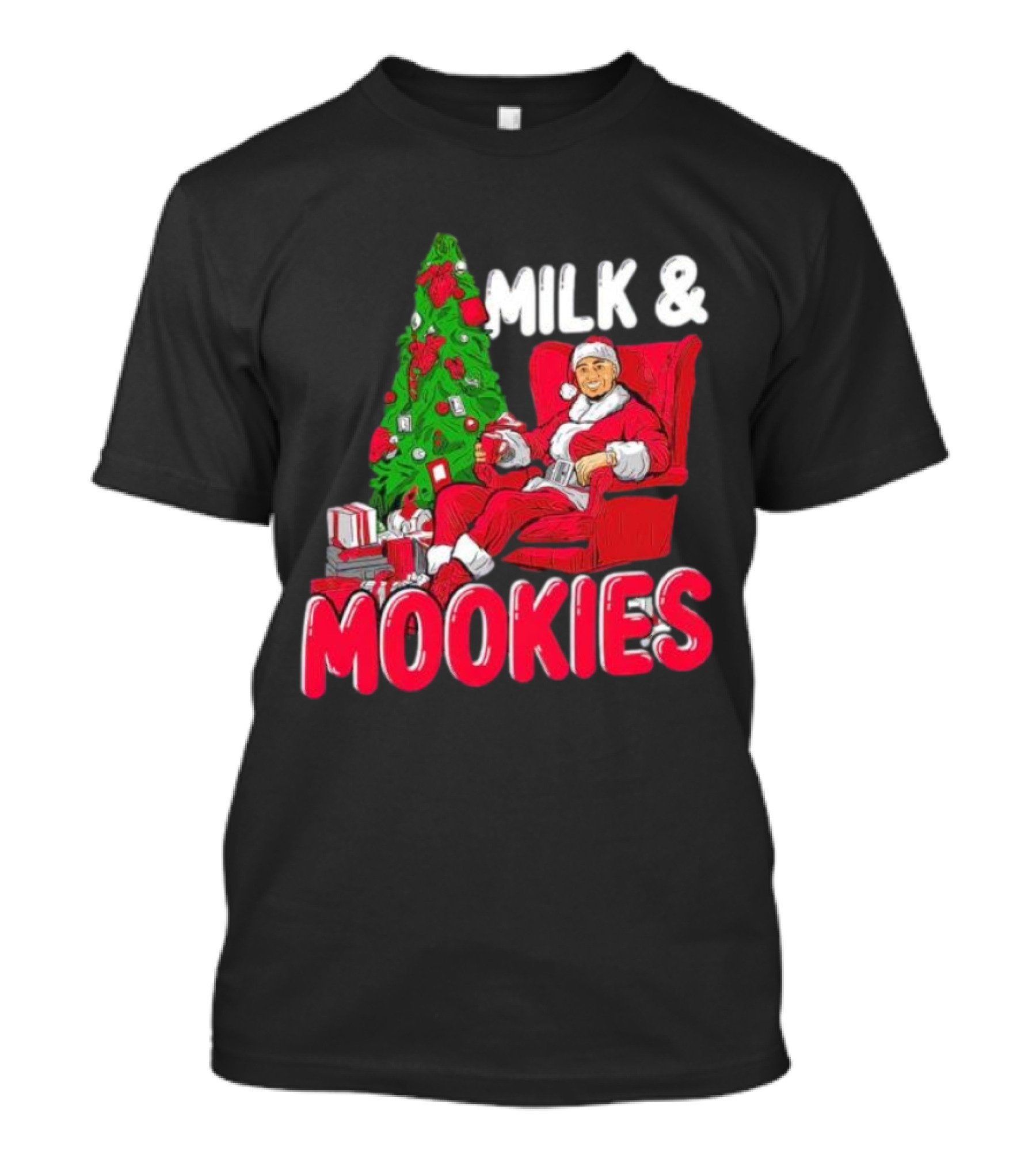 Christmas Milk And Mookies Santa By Tree T-Shirt