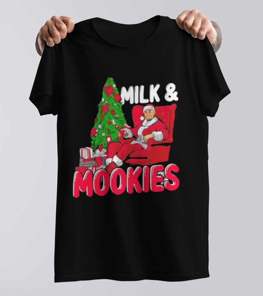 Christmas Milk And Mookies Santa By Tree T-Shirt