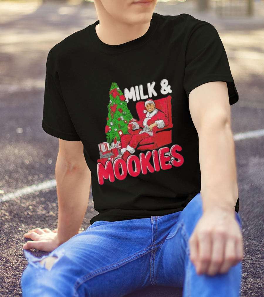 Christmas Milk And Mookies Santa By Tree T-Shirt